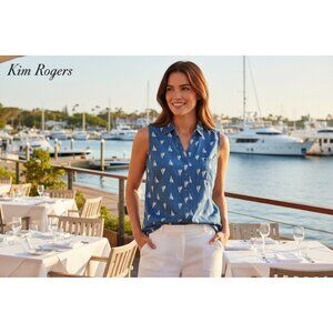 Kim Rogers Womens Sleeveless Blue Button-Down Shirt W/ Sailboat Pattern L